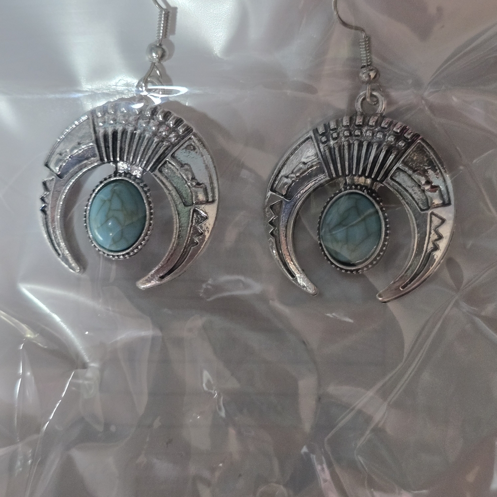 Silver and Turquoise Crescent Earrings